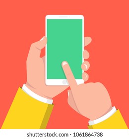 Hand holding smartphone and touching screen. Vector illustration.