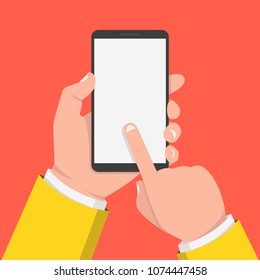 Hand holding smartphone and touching screen. Vector illustration.