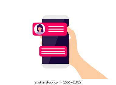 Hand holding smartphone and touching screen with text messaging. Female icon in chat. Vector flat illustration.