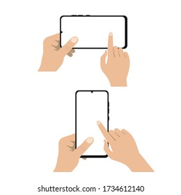 Mano sosteniendo el smartphone y tocando la pantalla. smartphone con pantalla en blanco, aislado en fondo blanco. Ilustración vectorial plana.  EPS 10