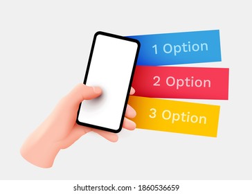 Hand holding smartphone and touching screen. Mockup with three options. Mobile info concept. Vector illustration.