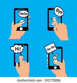 Hand holding smartphone touching screen  sending receiving messages icons isolated vector illustration.