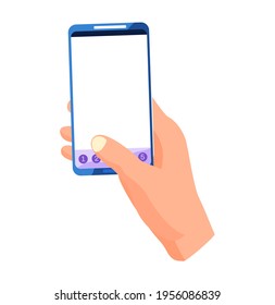 Hand holding smartphone and touching screen. Flat vector illustration phone with blank screen
