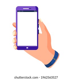 Mano sosteniendo el smartphone y la pantalla táctil. Teléfono de ilustración vectorial plano con pantalla en blanco. Smartphone con pantalla táctil, sms de charla, aplicación para la plantilla de comunicaciones aislado en blanco