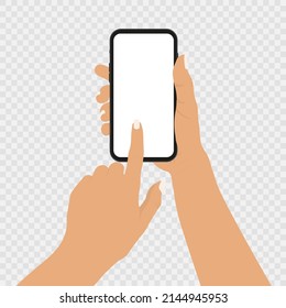 Hand holding smartphone and touching screen. Vector illustration.