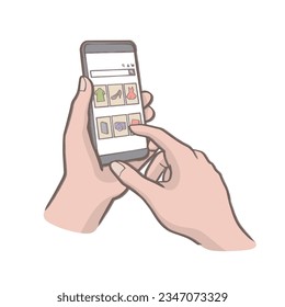 Una mano sujetando y tocando el teléfono inteligente móvil para hacer compras en línea