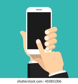 Hand holding smartphone and touching screen. Flat vector illustration.