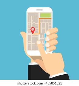 Hand holding smartphone and touching screen with mobile gps navigation. Finding the way concept. Flat vector illustration.