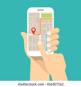 Hand holding smartphone and touching screen with mobile gps navigation. Finding the way concept. Flat vector illustration.