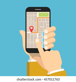 Hand holding smartphone and touching screen with mobile gps navigation. Finding the way concept. Flat vector illustration.
