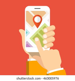 Hand holding smartphone and touching screen with mobile map gps navigation. Finding the way concept. Flat vector illustration.