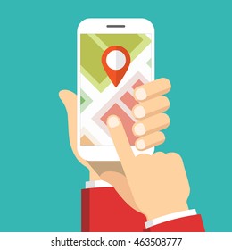 Hand holding smartphone and touching screen with mobile map gps navigation. Finding the way concept. Flat vector illustration.