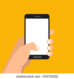 Hand holding smartphone and touching screen. Flat vector illustration.