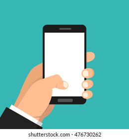 Hand holding smartphone and touching screen. Flat vector illustration.