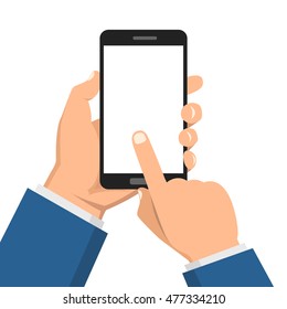 Hand holding smartphone and touching screen. Flat vector illustration.