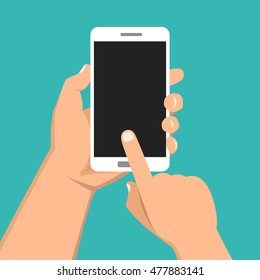 Hand holding smartphone and touching screen. Flat vector illustration.