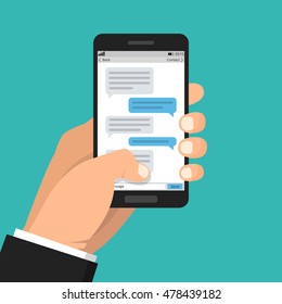 Hand holding smartphone and touching screen with text messaging. Vector flat illustration.