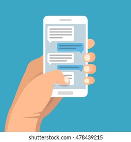 Hand holding smartphone and touching screen with text messaging. Vector flat illustration.