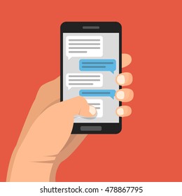 Handhalten Sie Smartphone und Touchscreen mit Textnachrichten. Vektorflache Illustration.