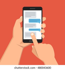 Hand holding smartphone and touching screen with text messaging. Vector flat illustration.