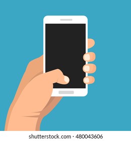 Hand holding smartphone and touching screen. Flat vector illustration.