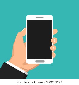 Hand holding smartphone and touching screen. Flat vector illustration.