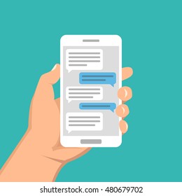 Hand holding smartphone and touching screen with text messaging. Vector flat illustration.
