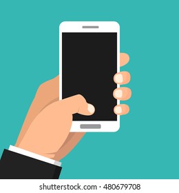 Hand holding smartphone and touching screen. Flat vector illustration.