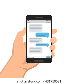 Hand holding smartphone and touching screen with text messaging. Vector flat illustration.