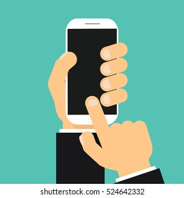 Hand holding smartphone and touching screen.