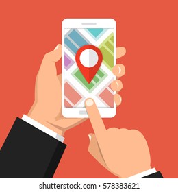 Hand holding smartphone and touching screen with mobile map gps navigation. Finding the way concept. Flat vector illustration.