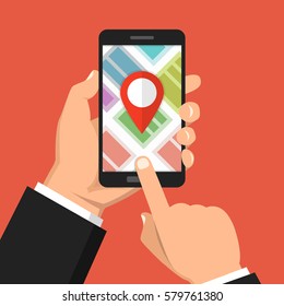 Mano que sostiene el smartphone y la pantalla táctil con la navegación gps del mapa móvil. Encontrar el concepto de camino. Ilustración vectorial plana.