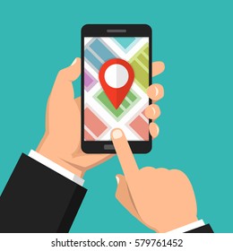 Hand holding smartphone and touching screen with mobile map gps navigation. Finding the way concept. Flat vector illustration.