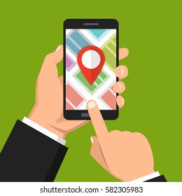 Hand holding smartphone and touching screen with mobile map gps navigation. Finding the way concept. Flat vector illustration.