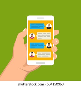 Hand holding smartphone and touching screen with text messaging. Male and female icon in chat. Vector flat illustration.