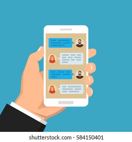 Hand holding smartphone and touching screen with text messaging. Male and female icon in chat. Vector flat illustration.