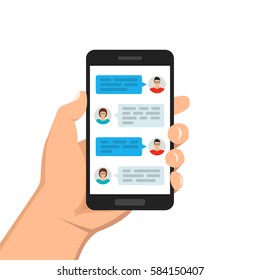 Hand holding smartphone and touching screen with text messaging. Male and female icon in chat. Vector flat illustration.