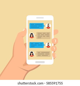 Hand holding smartphone and touching screen with text messaging. Male and female icon in chat. Vector flat illustration.