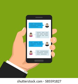Hand holding smartphone and touching screen with text messaging. Male and female icon in chat. Vector flat illustration.
