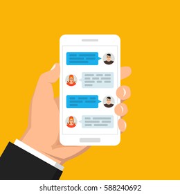 Hand holding smartphone and touching screen with text messaging. Male and female icon in chat. Vector flat illustration.