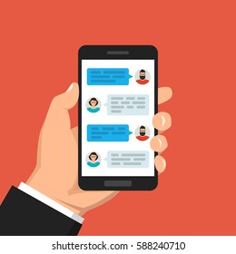 Hand holding smartphone and touching screen with text messaging. Male and female icon in chat. Vector flat illustration.