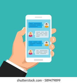 Hand holding smartphone and touching screen with text messaging. Male and female icon in chat. Vector flat illustration.