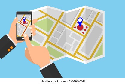 Hand holding smartphone and touching screen with mobile map GPS navigation application.Navigation concept. vector illustration in flat style