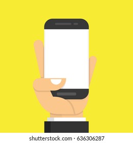 Hand holding smartphone and touching screen. Flat cartoon style. Vector illustration.