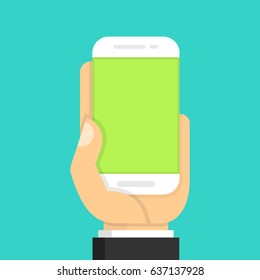 Hand holding smartphone and touching screen. Flat cartoon style. Vector illustration.