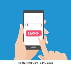 Hand holding smartphone and touching the screen with search bar and search button. Mobile search flat design concept.