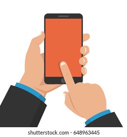 Hand holding smartphone and touching screen. Flat vector illustration.