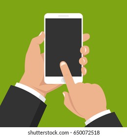  Handhalten Sie Smartphone und Touchscreen. Flache Vektorgrafik.