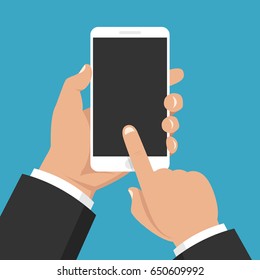 Hand holding smartphone and touching screen. Flat vector illustration.