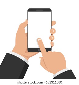 Hand holding smartphone and touching screen. Flat vector illustration.